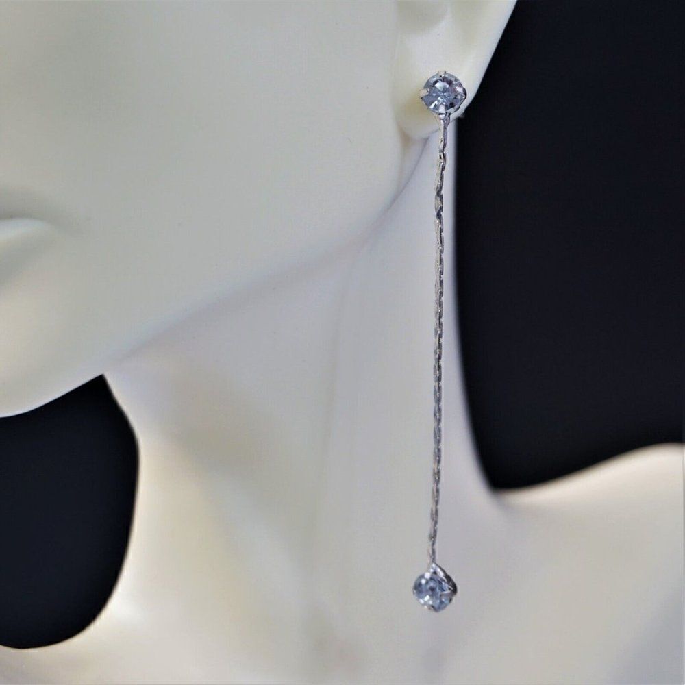 Crystal Rhinestones Silver Chain Dangling Drop Earrings  2.75" L